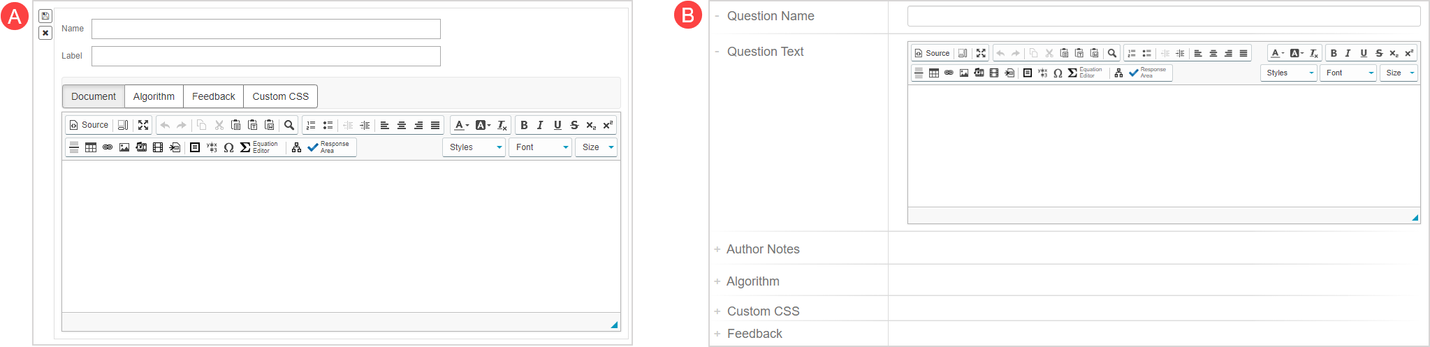 The panes of the Question Editor are arranged as tabs when accessed from an Activity Editor.